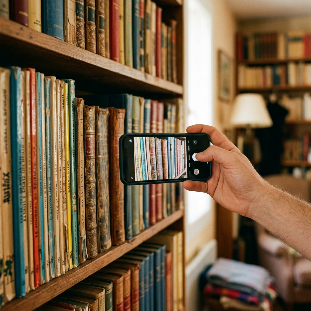 Une main photographie les tranches de livres sur une étagère avec un téléphone